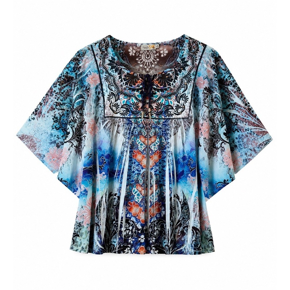 Unity World Wear Womens Boho Blouse Top Blue Paisley Floral Print Flutter Sleeve